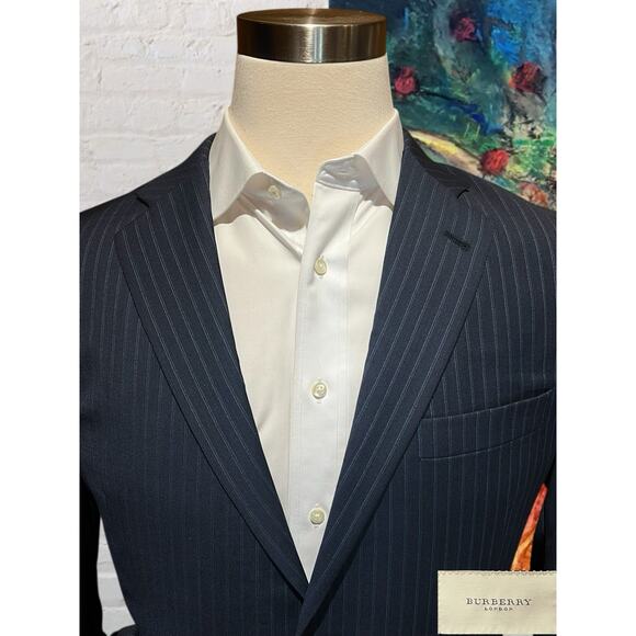 Burberry London 42R Navy Royal Cobalt Blue Multi-Stripe Designer Blazer Jacket - Picture 3 of 15